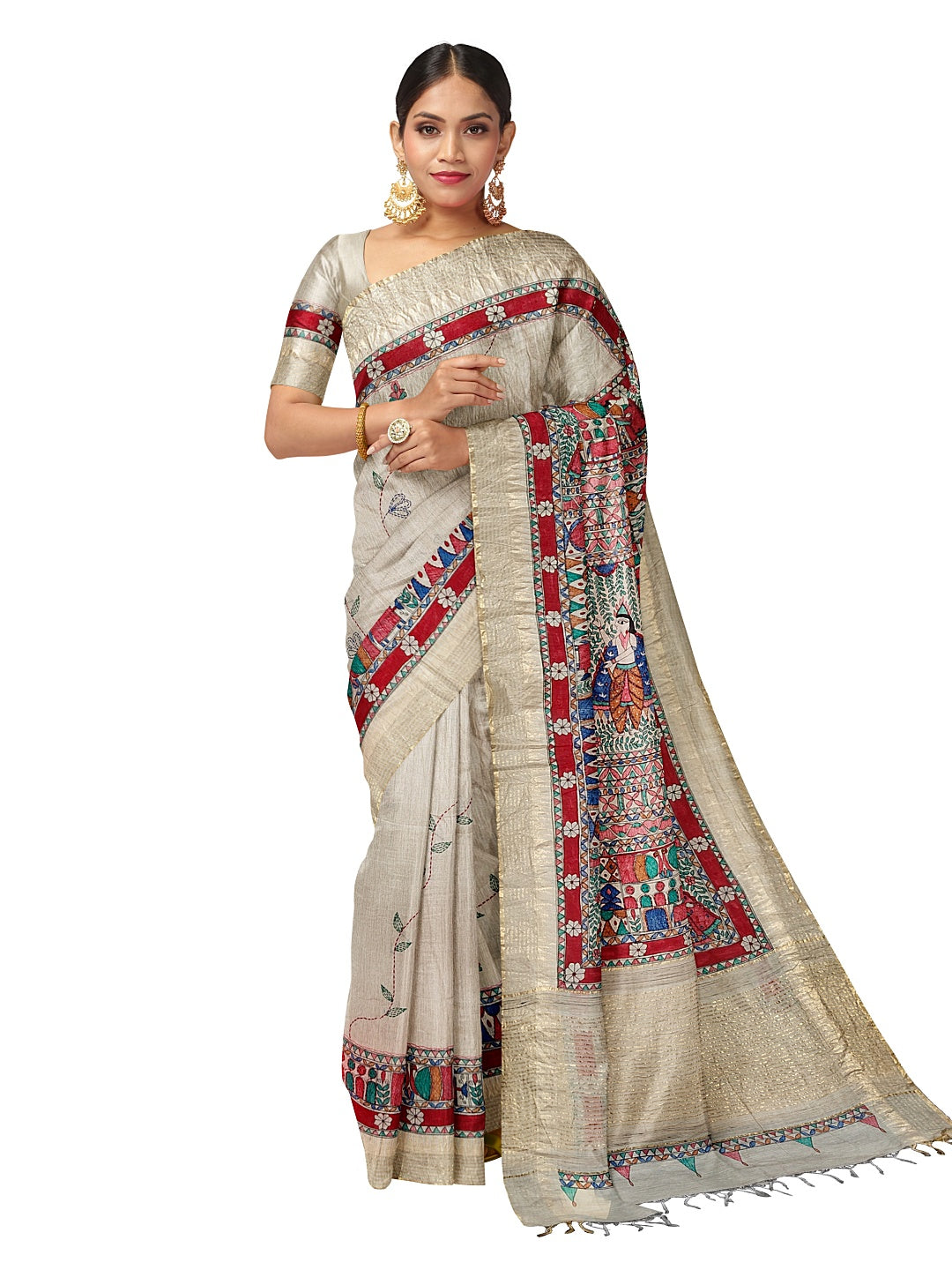 Godhna-Inspired Handpainted Tussar Munga Silk Saree with Sujani Embroidery
